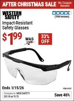 Harbor Freight Coupon WESTERN SAFETY IMPACT-RESISTANT SAFETY GLASSES Lot No. 94357 Valid Thru: 1/15/26 - $1.99