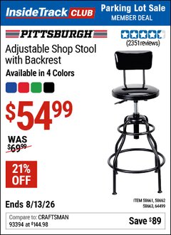 Harbor Freight ITC Coupon PITTSBURGH ADJUSTABLE SHOP STOOL WITH BACKREST Lot No. 58661/58662/58663/64499 Expired: 8/13/26 - $54.99