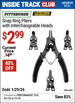 Harbor Freight ITC Coupon PITTSBURGH SNAP RING PLIERS WITH INTERCHANGEABLE HEADS Lot No. 63845 Dates Valid: 12/31/69 - 1/29/26 - $2.99