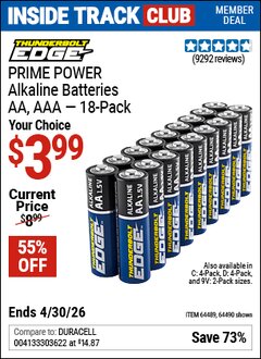 Harbor Freight ITC Coupon THUNDERBOLT EDGE PRIME POWER ALKALINE BATTERIES Lot No. 64490/64490/64491/64492/64493 Dates Valid: 12/31/69 - 4/30/26 - $3.99