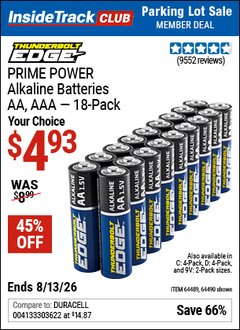 Harbor Freight ITC Coupon THUNDERBOLT EDGE PRIME POWER ALKALINE BATTERIES Lot No. 64490/64490/64491/64492/64493 Expired: 8/13/26 - $4.93