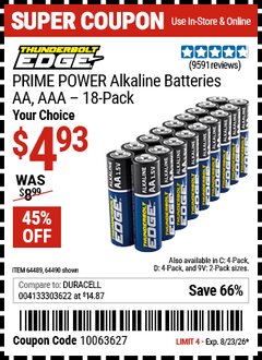 Harbor Freight Coupon THUNDERBOLT EDGE PRIME POWER ALKALINE BATTERIES Lot No. 64490/64490/64491/64492/64493 Expired: 8/23/26 - $4.93