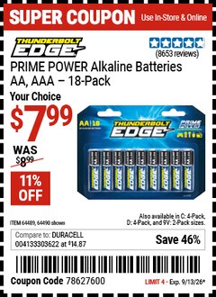 Harbor Freight Coupon THUNDERBOLT EDGE PRIME POWER ALKALINE BATTERIES Lot No. 64490/64490/64491/64492/64493 Valid Thru: 9/13/26 - $7.99