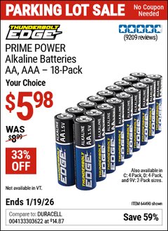 Harbor Freight Coupon THUNDERBOLT EDGE PRIME POWER ALKALINE BATTERIES, 18-PACK Lot No. 64490/64490/64491/64492/64493 Expired: 12/31/69 - $5.98