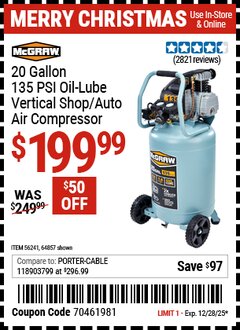 Harbor Freight Coupon MCGRAW 20 GALLON, 135 PSI OIL-LUBE VERTICAL SHOP/AUTO AIR COMPRESSOR Lot No. 64857/56241 Expired: 12/28/25 - $199.99