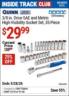 Harbor Freight ITC Coupon QUINN 3/8 IN. DRIVE SAE AND METRIC HIGH-VISIBILITY SOCKET SET, 35-PIECE Lot No. 64555 Expired: 5/28/26 - $29.99