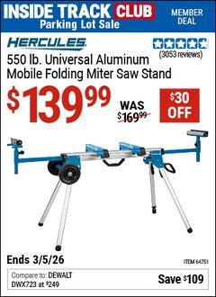 Harbor Freight ITC Coupon HERCULES 550 LB. UNIVERSAL ALUMINUM MOBILE FOLDING MITER SAW STAND Lot No. 64751 Expired: 3/5/26 - $139.99