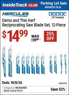 Harbor Freight ITC Coupon HERCULES DEMO AND THIN KERF RECIPROCATING SAW BLADE SET, 12-PIECE Lot No. 63768 Expired: 10/8/26 - $14.99