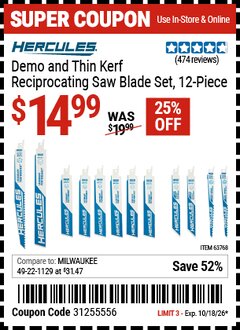 Harbor Freight Coupon HERCULES DEMO AND THIN KERF RECIPROCATING SAW BLADE SET, 12-PIECE Lot No. 63768 Expired: 10/18/26 - $14.99