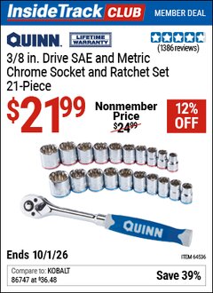 Harbor Freight Coupon QUINN 3/8 IN. DRIVE SAE AND METRIC CHROME SOCKET AND RATCHET SET, 21-PIECE Lot No. 64536 Valid: 12/31/69 - 10/1/26 - $21.99