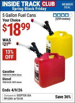 Harbor Freight ITC Coupon MIDWEST CAN 5 GALLON FUEL CANS Lot No. 56419/56420/58666/70076 Expired: 4/9/26 - $18.99