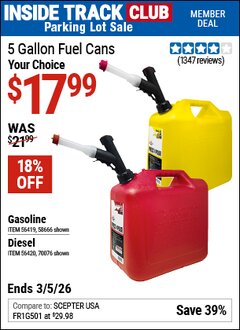 Harbor Freight ITC Coupon MIDWEST CAN 5 GALLON FUEL CANS Lot No. 56419/56420/58666/70076 Expired: 3/5/26 - $17.99