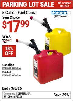 Harbor Freight Coupon MIDWEST CAN 5 GALLON FUEL CANS Lot No. 56419/56420/58666/70076 Expired: 3/8/26 - $17.99