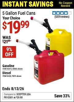 Harbor Freight Coupon MIDWEST CAN 5 GALLON FUEL CANS Lot No. 56419/56420/58666/70076 Valid Thru: 6/13/26 - $19.99