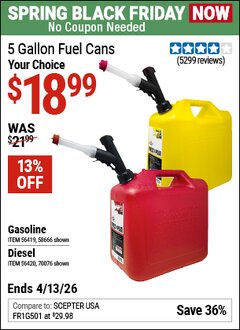 Harbor Freight Coupon MIDWEST CAN 5 GALLON FUEL CANS Lot No. 56419/56420/58666/70076 Expired: 4/12/26 - $18.99