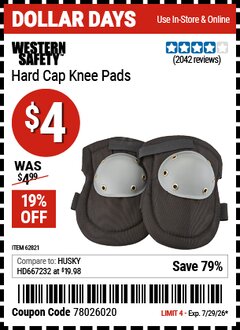 Harbor Freight Coupon WESTERN SAFETY HARD CAP KNEE PADS Lot No. 62821 Valid Thru: 7/29/26 - $4