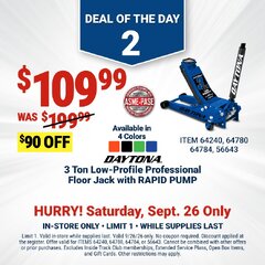 Harbor Freight Coupon DAYTONA RAPID PUMP 3 TON STEEL LOW PROFILE FLOOR JACKS Lot No. 64360/64883/64240/64784/56261/64780 Expired: 9/26/26 - $109.99