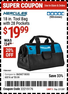 Harbor Freight Coupon HERCULES 18 IN. TOOL BAG WITH 28 POCKETS Lot No. 64661 Expired: 2/1/26 - $19.99