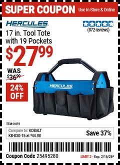 Harbor Freight Coupon HERCULES 17 IN. TOOL TOTE WITH 19 POCKETS Lot No. 64659 Expired: 2/16/26 - $27.99