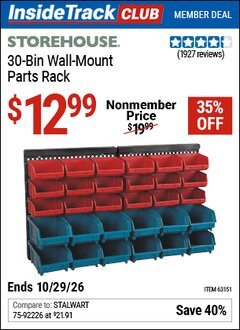 Harbor Freight ITC Coupon STOREHOUSE 30-BIN WALL-MOUNT PARTS RACK Lot No. 63151 Dates Valid: 12/31/69 - 10/29/26 - $12.99