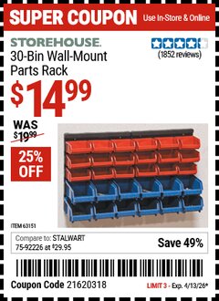 Harbor Freight Coupon STOREHOUSE 30-BIN WALL-MOUNT PARTS RACK Lot No. 63151 Valid Thru: 4/13/26 - $14.99