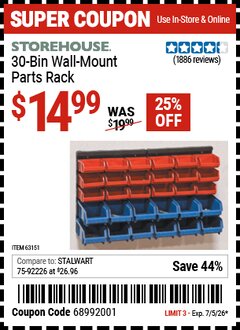Harbor Freight Coupon STOREHOUSE 30-BIN WALL-MOUNT PARTS RACK Lot No. 63151 Expired: 7/5/26 - $14.99