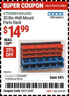 Harbor Freight Coupon STOREHOUSE 30-BIN WALL-MOUNT PARTS RACK Lot No. 63151 Expired: 8/16/26 - $14.99