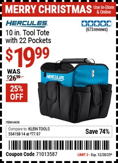 Harbor Freight Coupon HERCULES 10 IN. TOOL TOTE WITH 22 POCKETS Lot No. 64658 Expired: 12/28/25 - $19.99