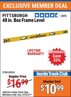 Harbor Freight ITC Coupon 48" BOX FRAME LEVEL Lot No. 92994/69245 Expired: 2/28/21 - $10.99