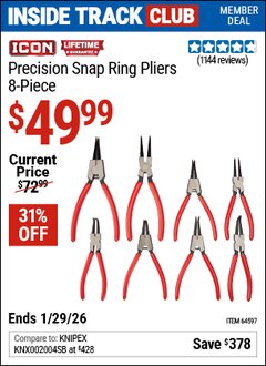Harbor Freight ITC Coupon ICON PRECISION SNAP RING PLIERS, 8-PIECE Lot No. 64597 Dates Valid: 12/31/69 - 1/29/26 - $49.99