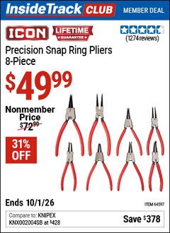 Harbor Freight Coupon ICON PRECISION SNAP RING PLIERS, 8-PIECE Lot No. 64597 Valid: 12/31/69 - 10/1/26 - $49.99