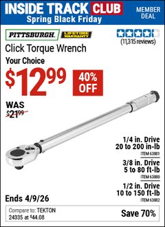 Harbor Freight ITC Coupon PITTSBURGH PRO CLICK TORQUE WRENCH Lot No. 63880/63881/63882 Expired: 4/9/26 - $12.99