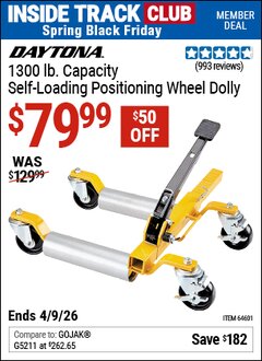 Harbor Freight ITC Coupon DAYTONA 1300 LB. CAPACITY SELF-LOADING POSITIONING WHEEL DOLLY Lot No. 64601 Expired: 4/9/26 - $79.99