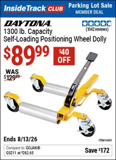 Harbor Freight ITC Coupon DAYTONA 1300 LB. CAPACITY SELF-LOADING POSITIONING WHEEL DOLLY Lot No. 64601 Expired: 8/13/26 - $89.99