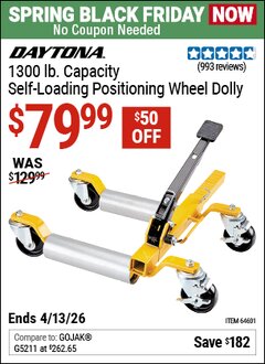 Harbor Freight Coupon DAYTONA 1300 LB. CAPACITY SELF-LOADING POSITIONING WHEEL DOLLY Lot No. 64601 Expired: 4/12/26 - $79.99