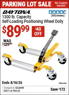 Harbor Freight Coupon DAYTONA 1300 LB. CAPACITY SELF-LOADING POSITIONING WHEEL DOLLY Lot No. 64601 Valid Thru: 8/16/26 - $89.99
