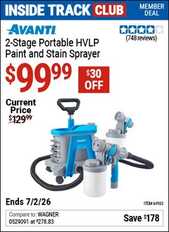 Harbor Freight Coupon AVANTI 2-STAGE PORTABLE HVLP PAINT AND STAIN SPRAYER Lot No. 64933 Valid: 12/31/69 - 7/2/26 - $99.99