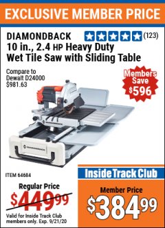 Harbor Freight ITC Coupon 2.4 HP, 10" INDUSTRIAL TILE/BRICK SAW Lot No. 64684 Expired: 9/21/20 - $384.99