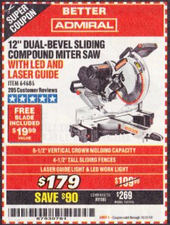 Harbor Freight Coupon 2.4 HP, 10" INDUSTRIAL TILE/BRICK SAW Lot No. 64684 Expired: 10/31/19 - $179
