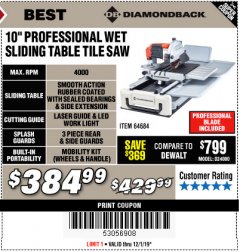 Harbor Freight Coupon 2.4 HP, 10" INDUSTRIAL TILE/BRICK SAW Lot No. 64684 Expired: 12/1/19 - $384.99