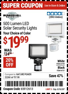 Harbor Freight Coupon BUNKER HILL SECURITY 500 LUMEN LED SOLAR SECURITY LIGHT Lot No. 64737/64759 Expired: 8/16/26 - $19.99