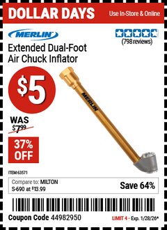Harbor Freight Coupon MERLIN EXTENDED DUAL FOOT AIR CHUCK INFLATOR Lot No. 63571 Valid Thru: 1/28/26 - $5