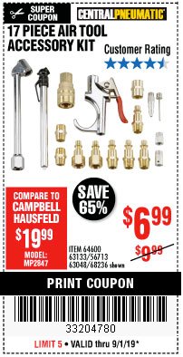 Harbor Freight Coupon 17 PIECE AIR TOOL ACCESSORY KIT Lot No. 64600/63133/61449/63048/68236 Expired: 9/1/19 - $6.99