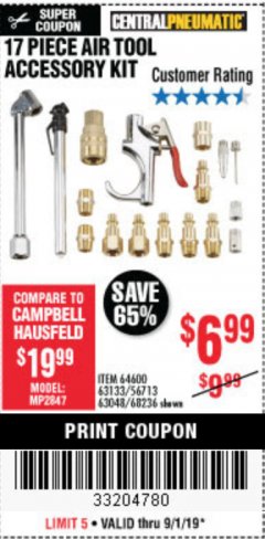 Harbor Freight Coupon 17 PIECE AIR TOOL ACCESSORY KIT Lot No. 64600/63133/61449/63048/68236 Expired: 9/1/19 - $6.99