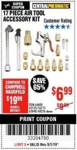 Harbor Freight Coupon 17 PIECE AIR TOOL ACCESSORY KIT Lot No. 64600/63133/61449/63048/68236 Expired: 9/1/19 - $6.99