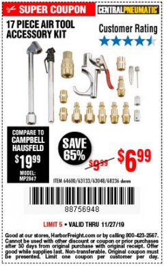 Harbor Freight Coupon 17 PIECE AIR TOOL ACCESSORY KIT Lot No. 64600/63133/61449/63048/68236 Expired: 11/27/19 - $6.99