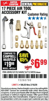 Harbor Freight Coupon 17 PIECE AIR TOOL ACCESSORY KIT Lot No. 64600/63133/61449/63048/68236 Expired: 2/16/20 - $6.99