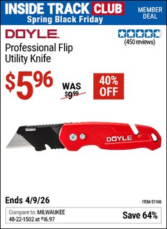 Harbor Freight ITC Coupon DOYLE PROFESSIONAL FLIP UTILITY KNIFE Lot No. 57108 Expired: 4/9/26 - $5.96