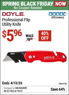 Harbor Freight Coupon DOYLE PROFESSIONAL FLIP UTILITY KNIFE Lot No. 57108 Expired: 4/12/26 - $5.96