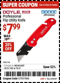 Harbor Freight Coupon DOYLE PROFESSIONAL FLIP UTILITY KNIFE Lot No. 57108 EXPIRES: 8/30/26 - $7.99